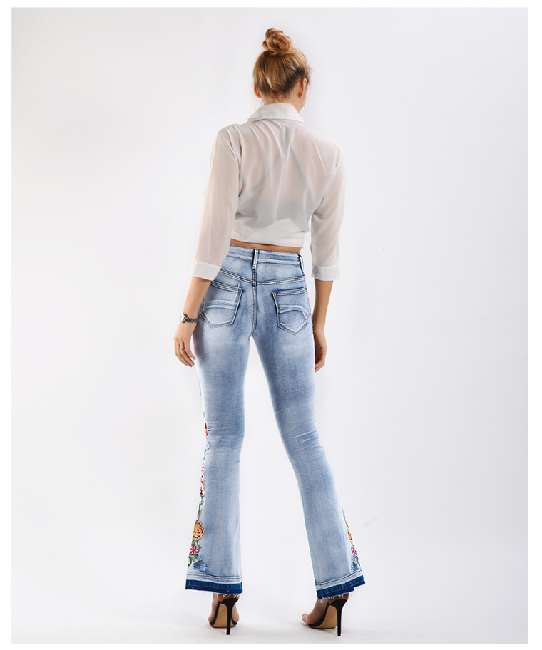 SZ60206 Flower Embroidery Denim Flared Pants in Blue